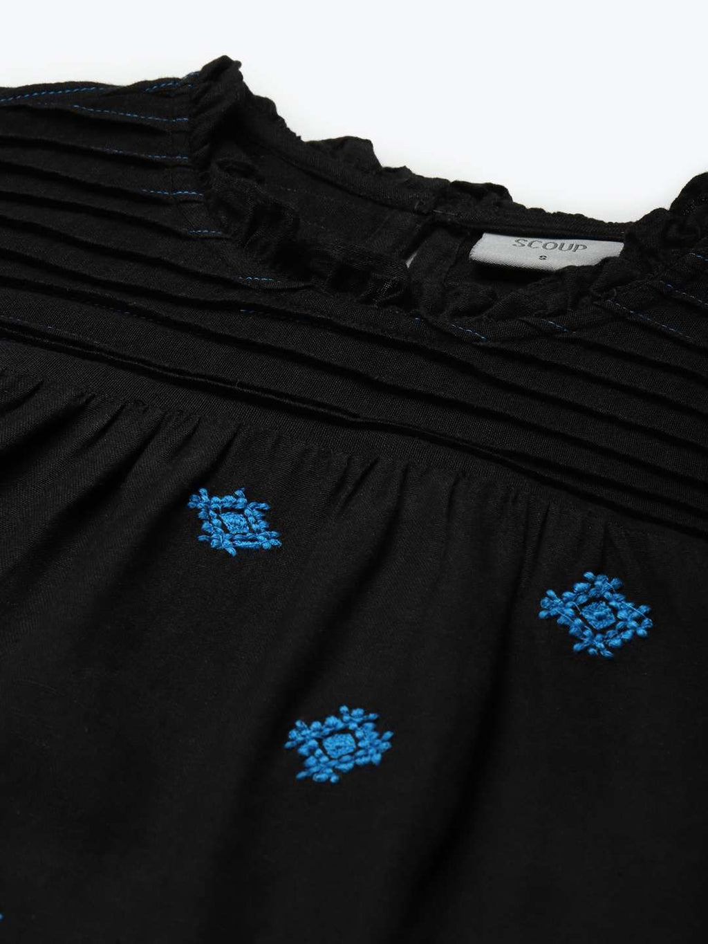 Black Pleated Yoke Embroidered Top