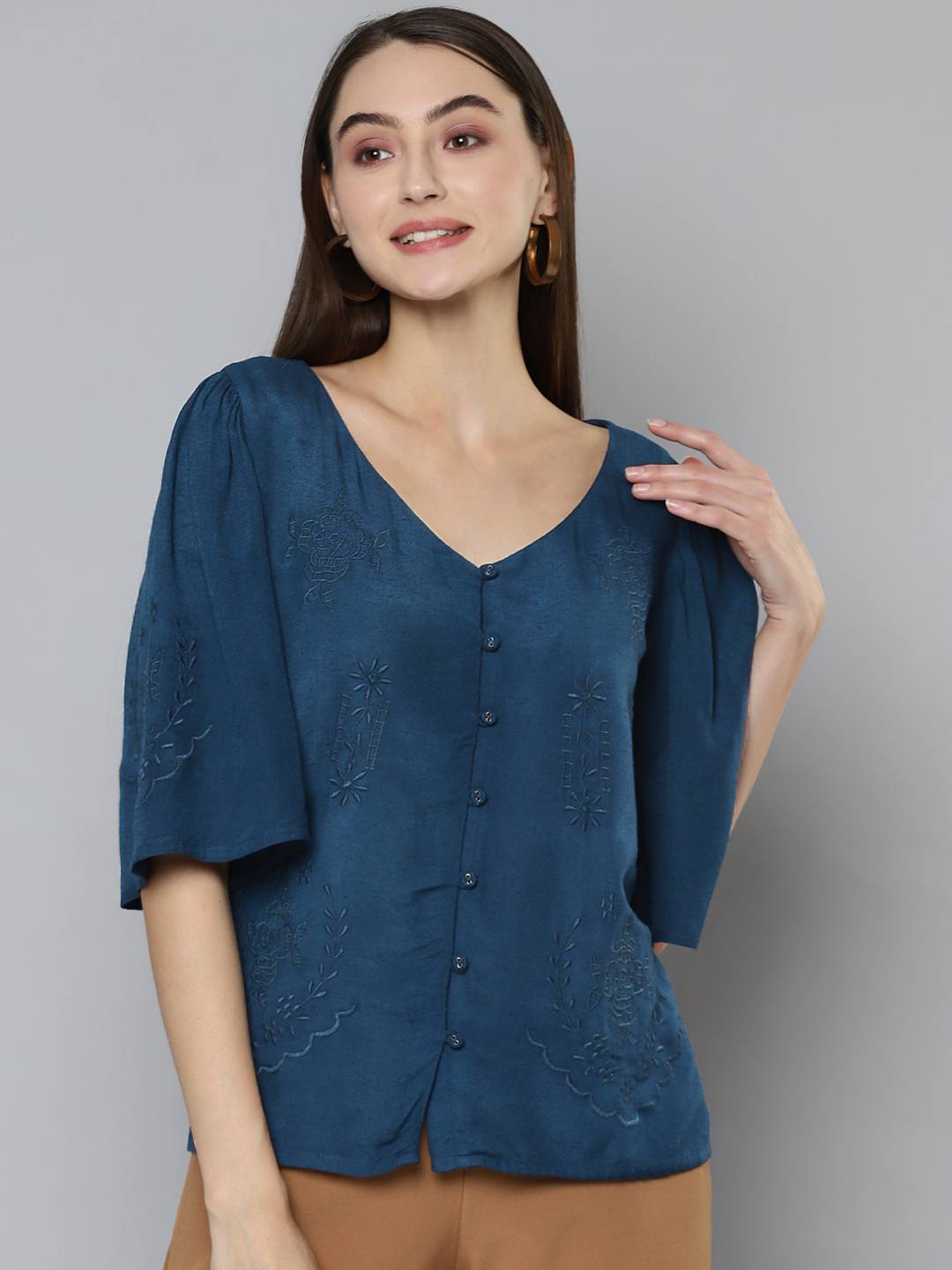 Navy Blue V-Neckline Embroidered Top