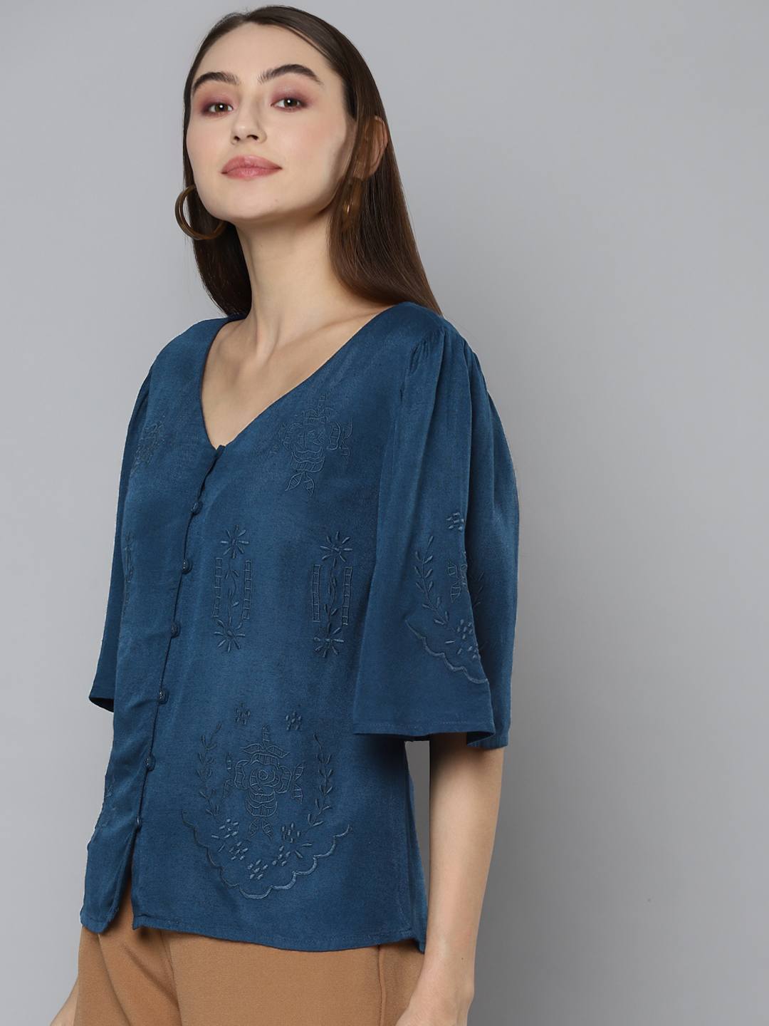 Navy Blue V-Neckline Embroidered Top