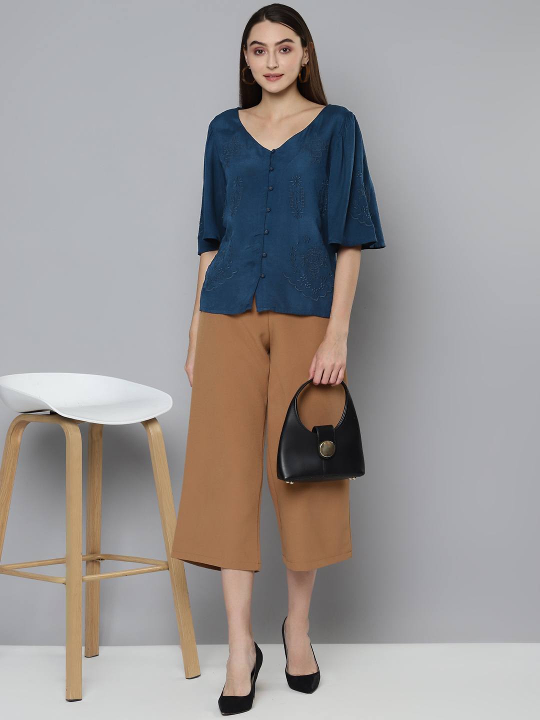 Navy Blue V-Neckline Embroidered Top