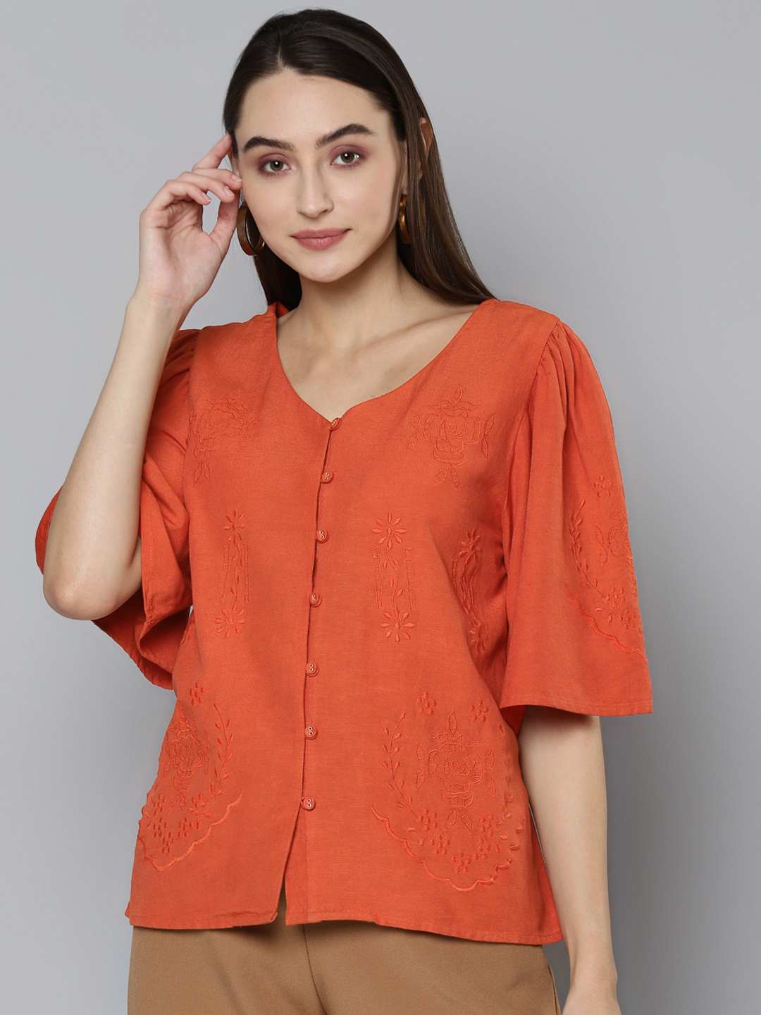 Orange V-Neckline Embroidered Top