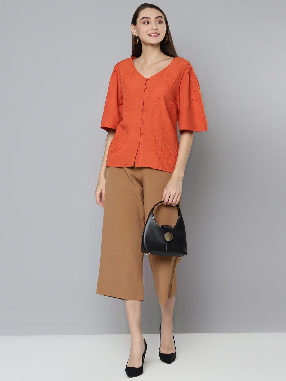 Orange V-Neckline Embroidered Top