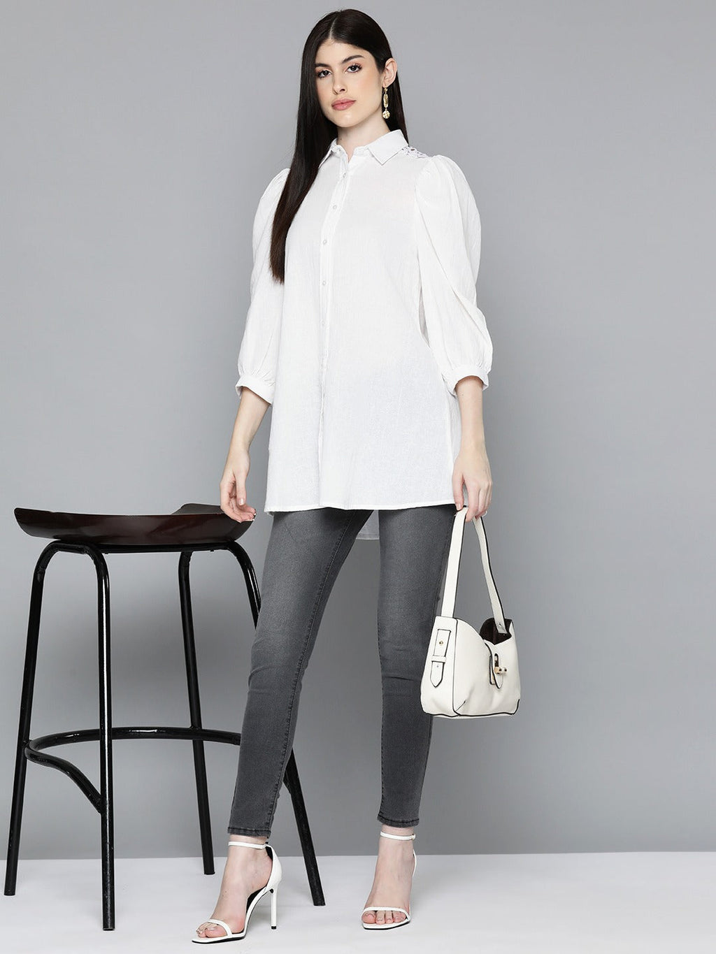 Off White Solid Shirt Tunic With Lace Insert