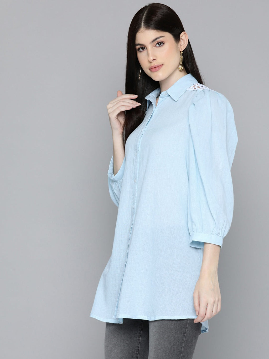 Light Blue Solid Shirt Tunic With Lace Insert
