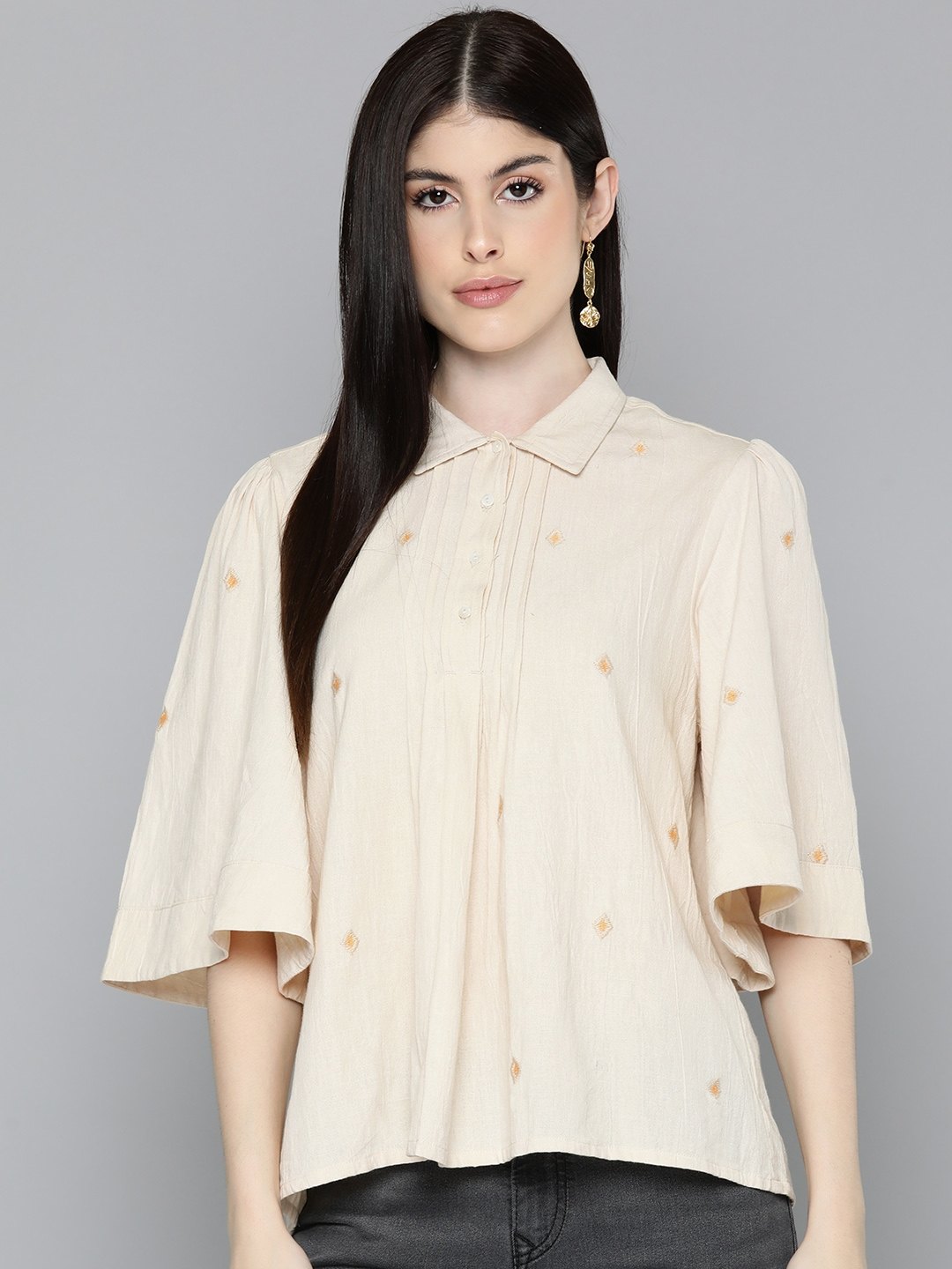Cream Embroidered Shirt With Flayred Sleeves