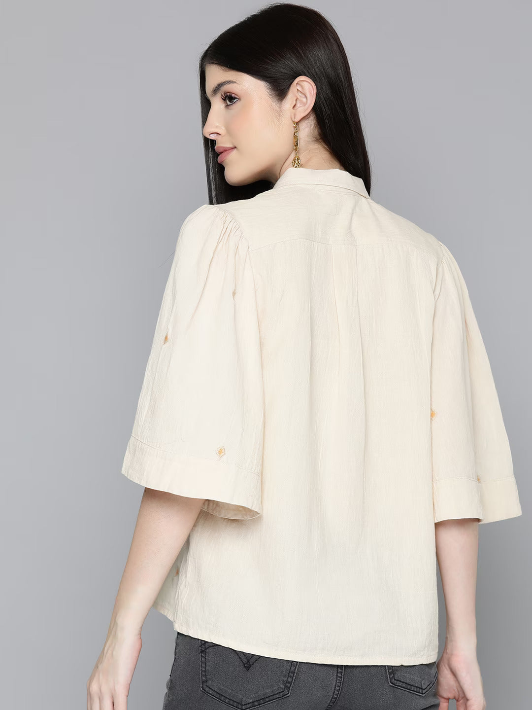 Cream Embroidered Shirt With Flayred Sleeves