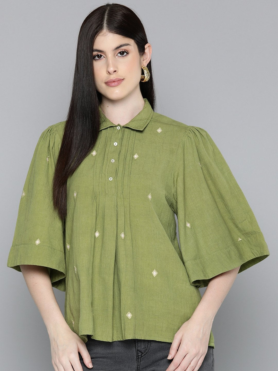 Sage Green Embroidered Shirt With Flayred Sleeves