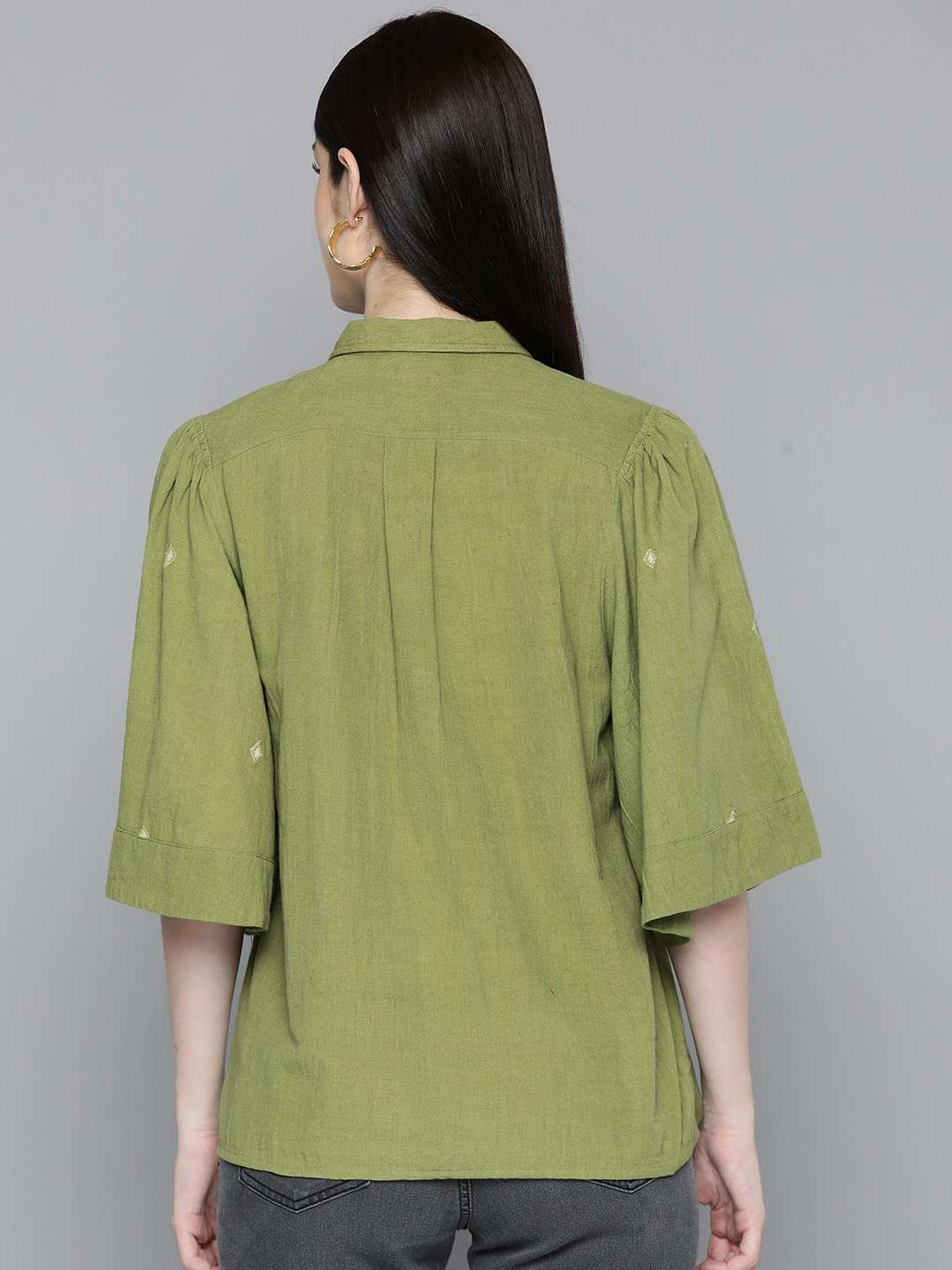 Sage Green Embroidered Shirt With Flayred Sleeves