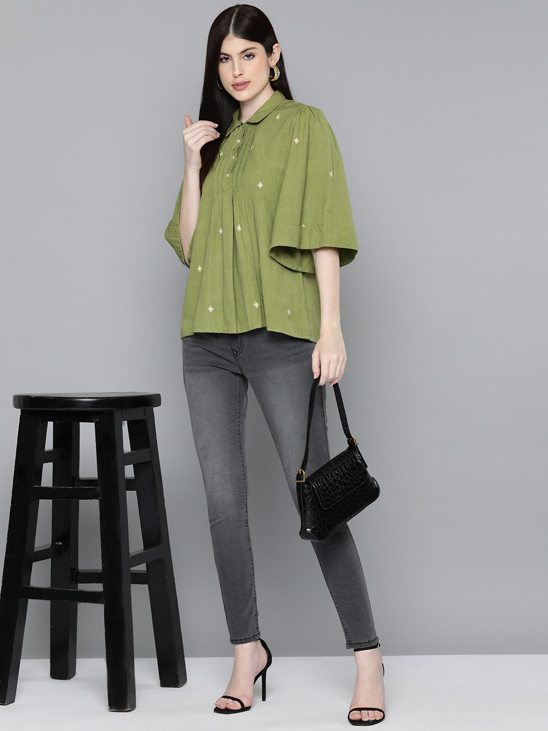 Sage Green Embroidered Shirt With Flayred Sleeves