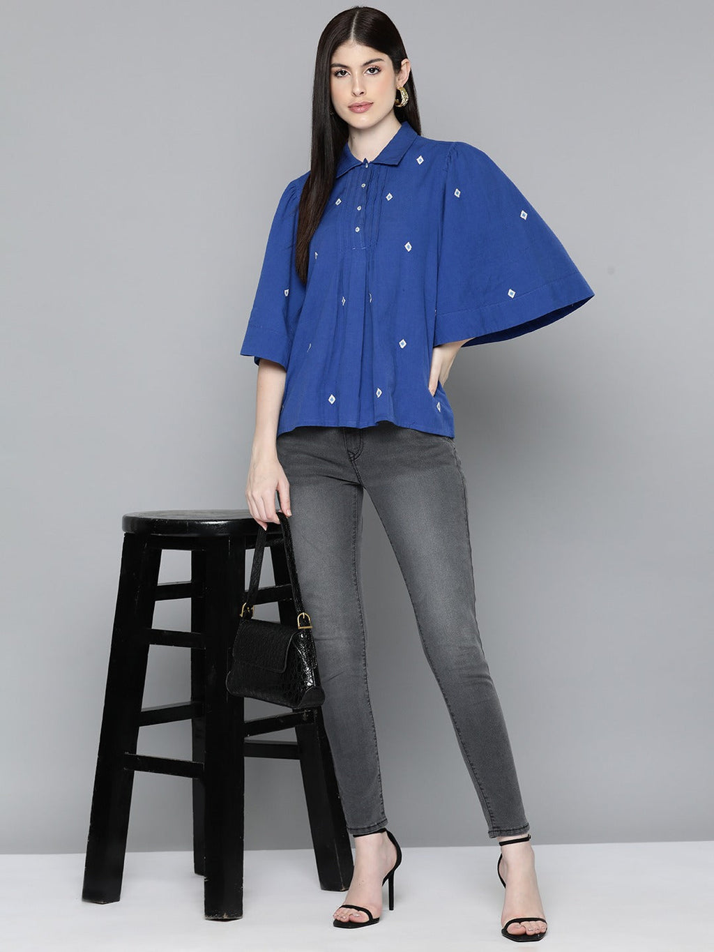 Blue Embroidered Shirt With Flayred Sleeves