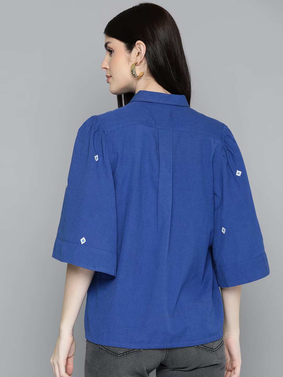 Blue Embroidered Shirt With Flayred Sleeves