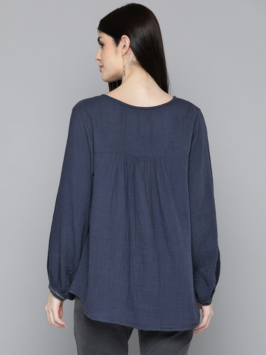 Navy Blue Embroidered Boho Sleeve Blouse