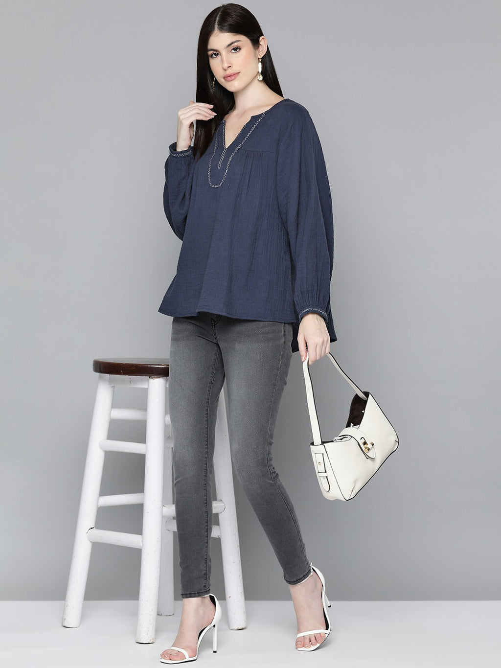 Navy Blue Embroidered Boho Sleeve Blouse