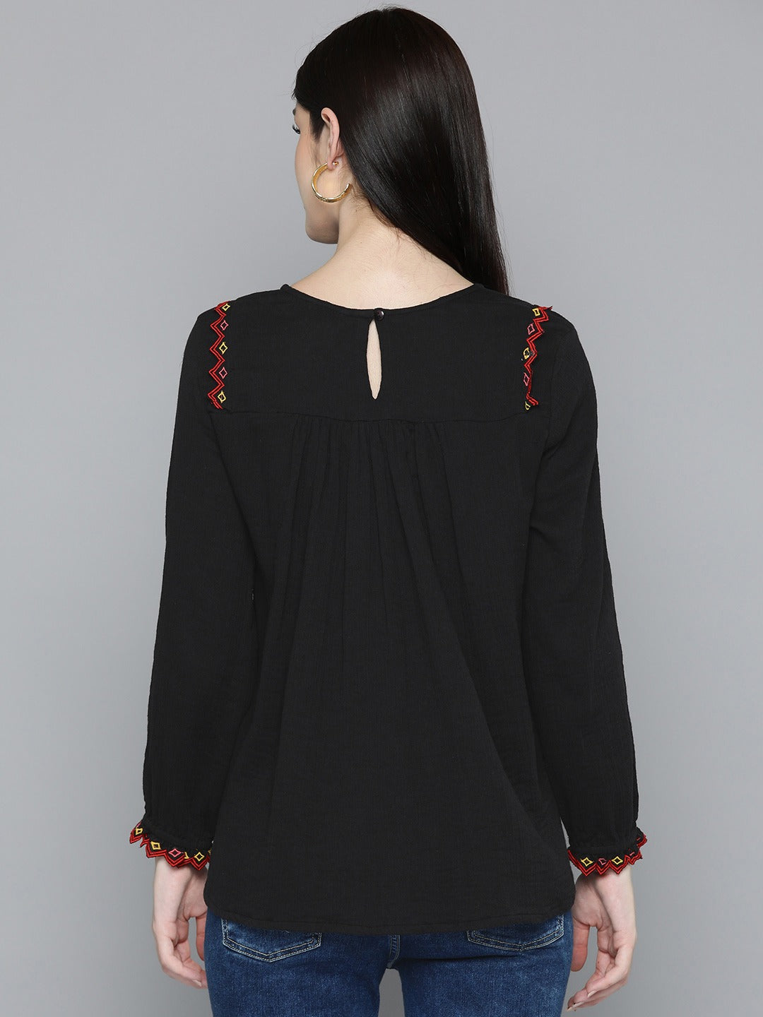 Black multi colour embroidered top