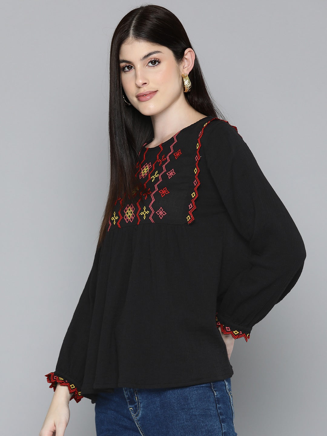 Black multi colour embroidered top