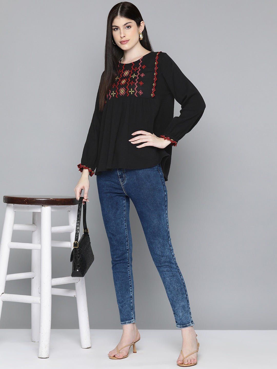 Black multi colour embroidered top
