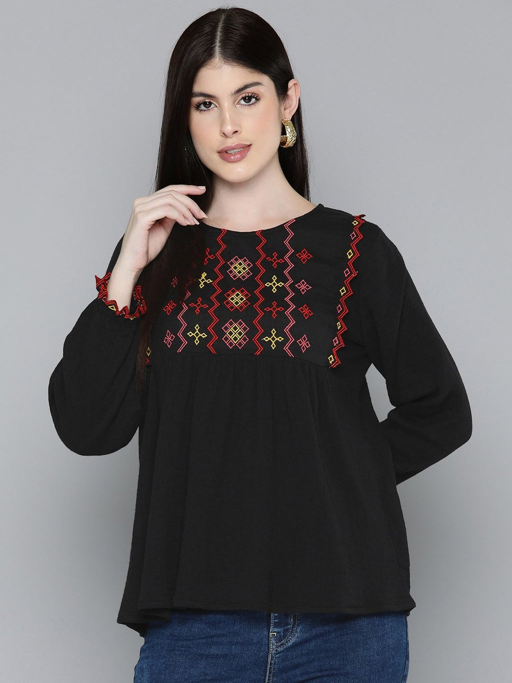 Black multi colour embroidered top