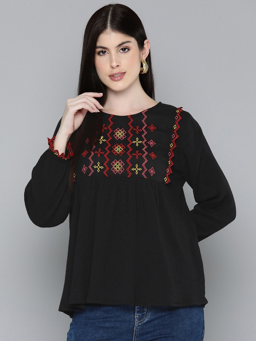 Black multi colour embroidered top