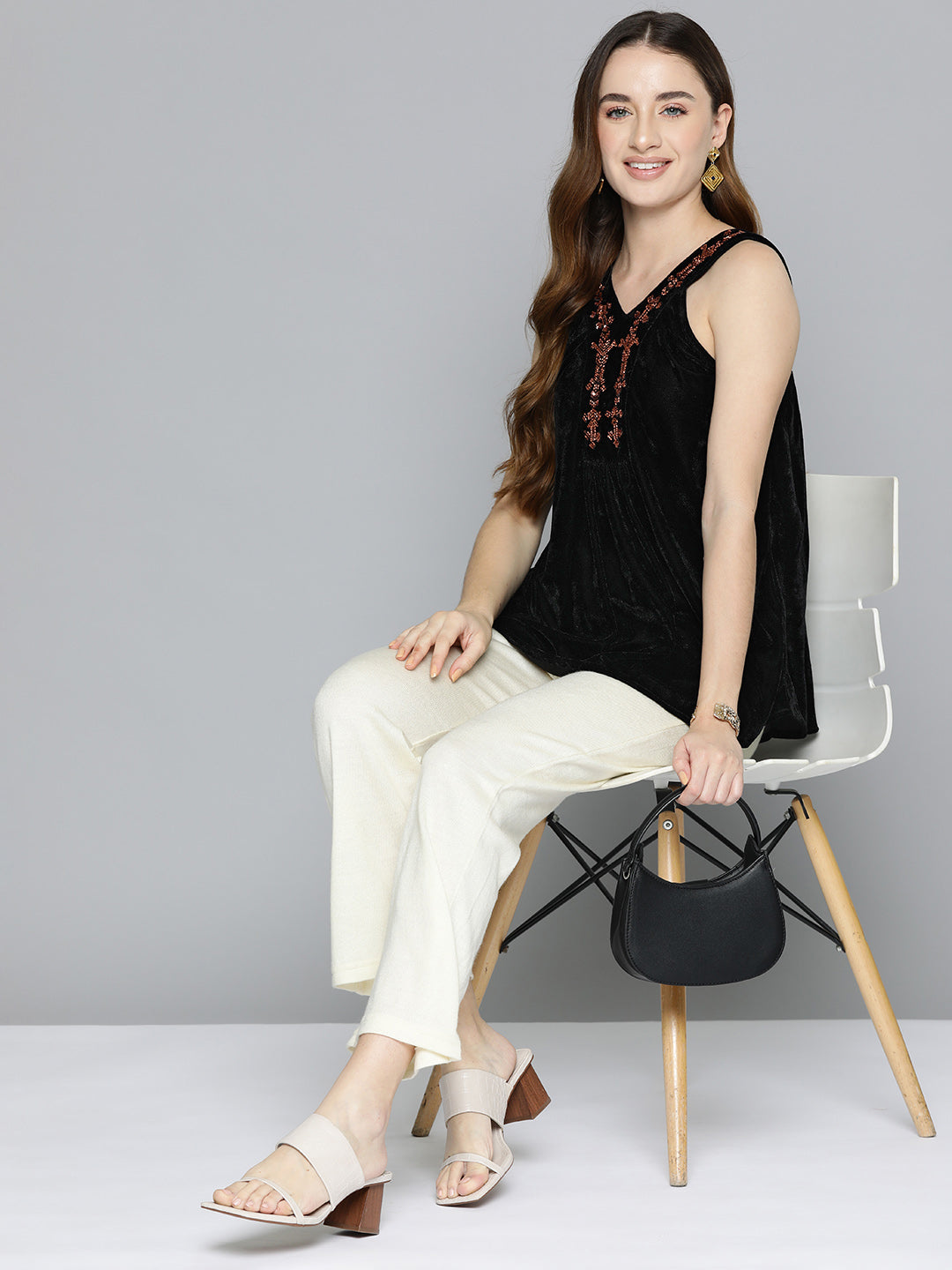 Black Embellished Strappy Velvet Top