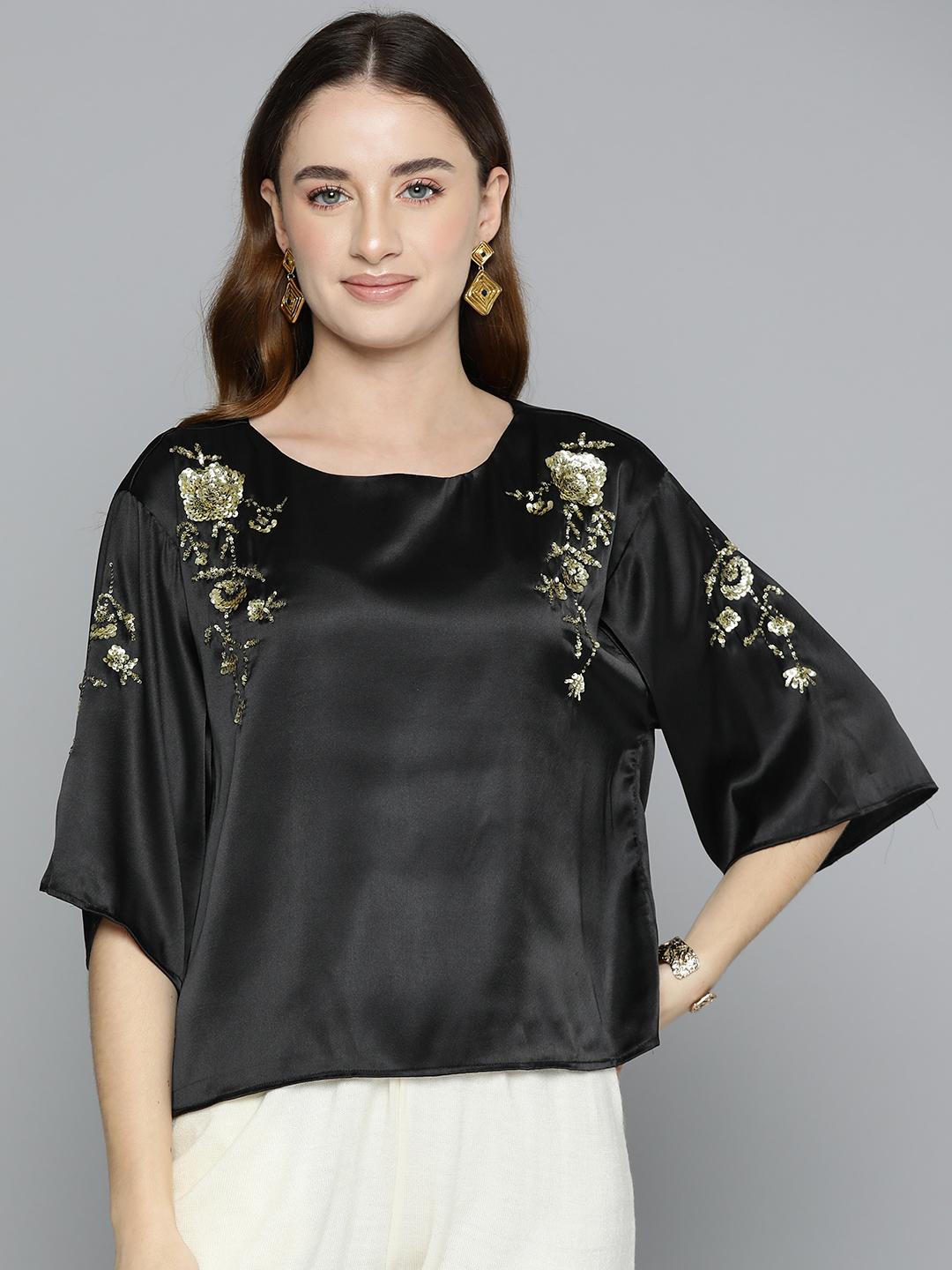Scoup Black Embellished Satin Party Top
