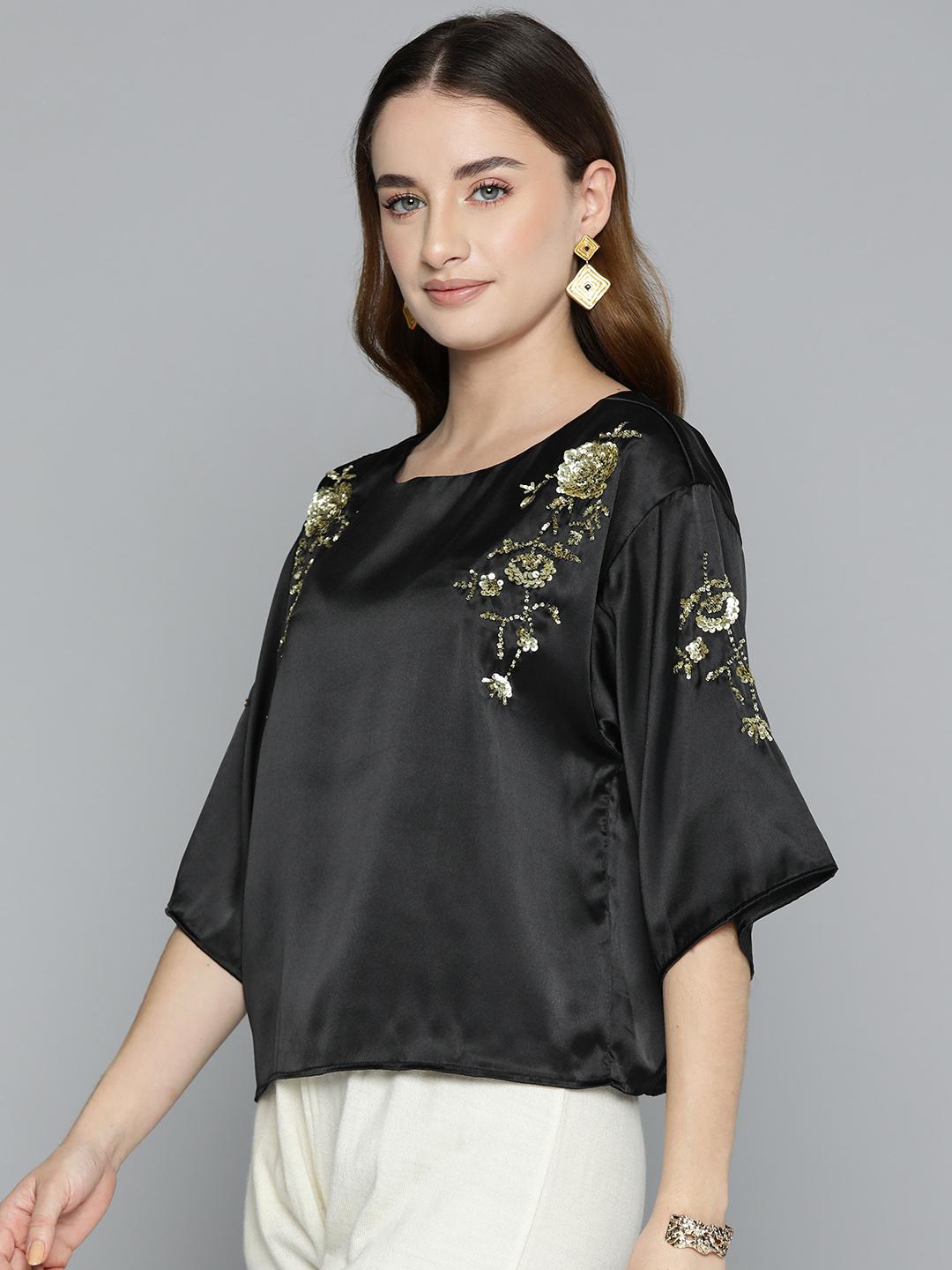 Scoup Black Embellished Satin Party Top