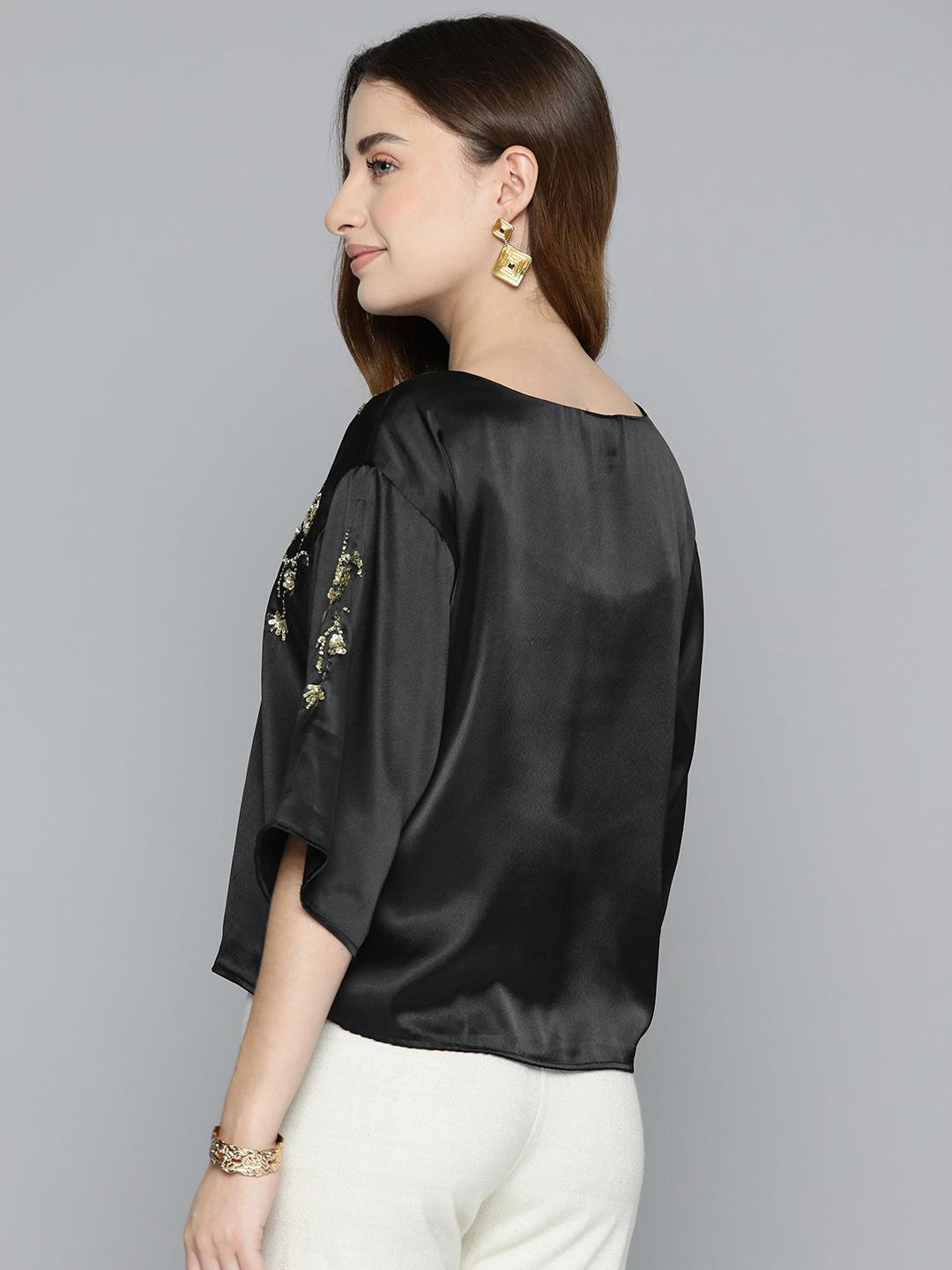 Scoup Black Embellished Satin Party Top