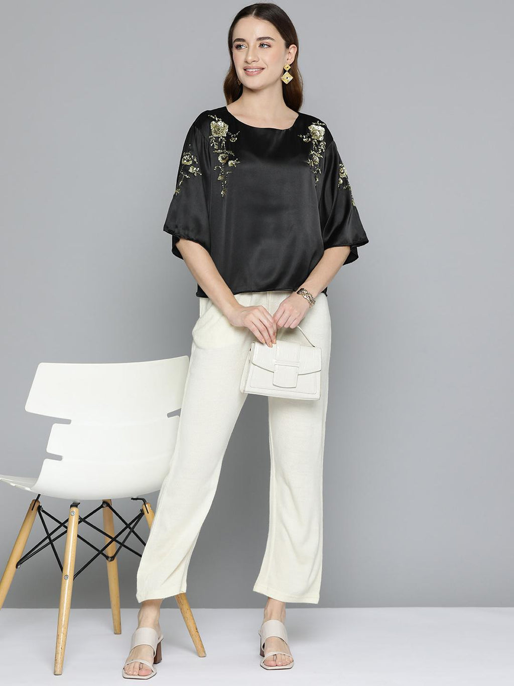 Scoup Black Embellished Satin Party Top