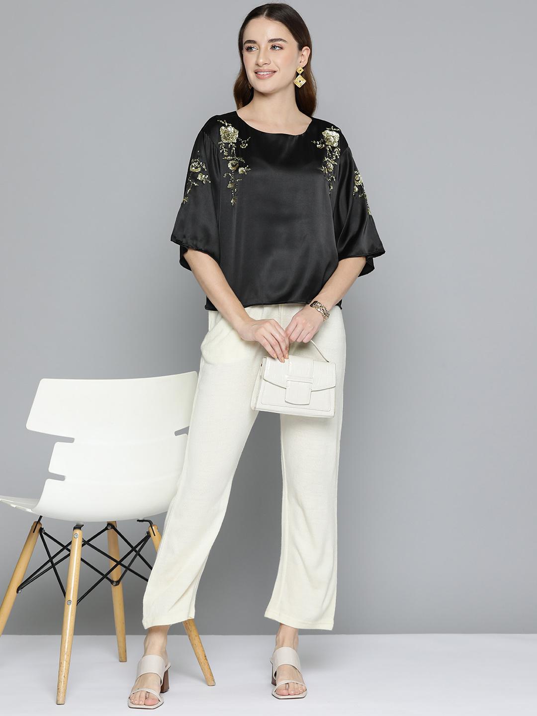 Scoup Black Embellished Satin Party Top