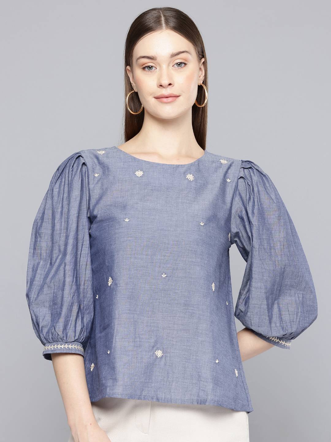 Scoup Floral Embroidered Chambray Top
