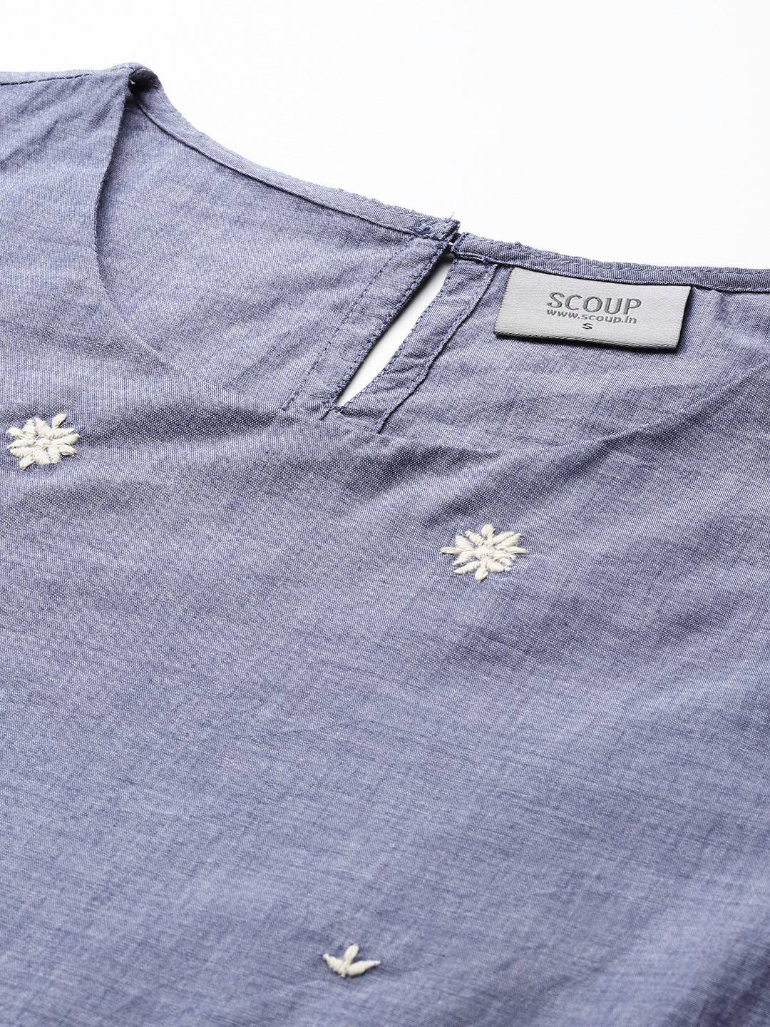 Scoup Floral Embroidered Chambray Top