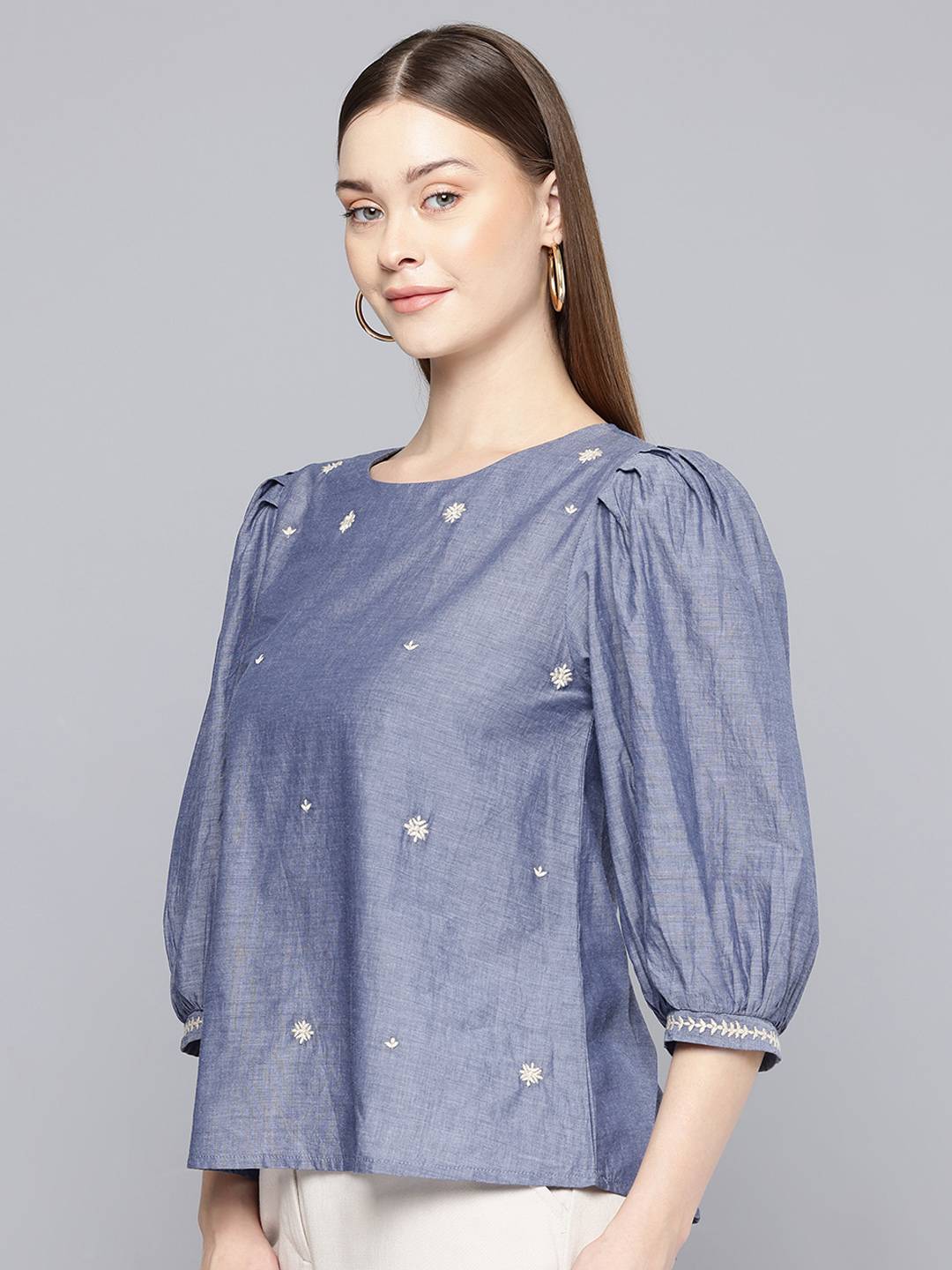 Scoup Floral Embroidered Chambray Top
