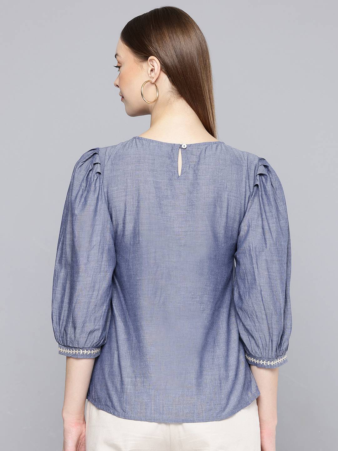 Scoup Floral Embroidered Chambray Top