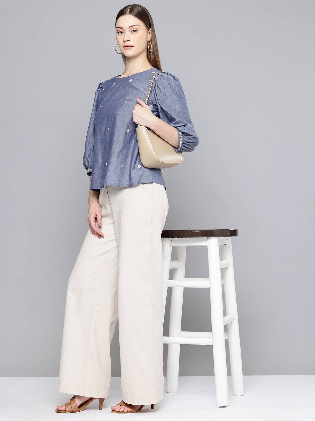 Scoup Floral Embroidered Chambray Top