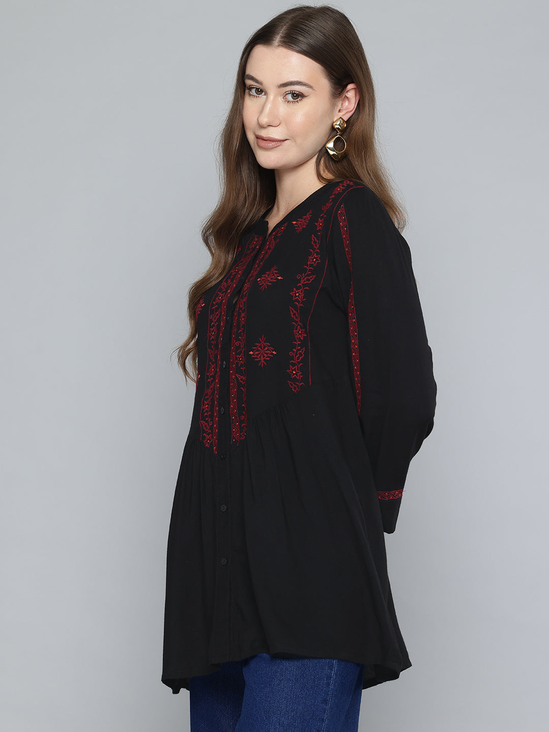 Black Embroidered Rayon Tunic