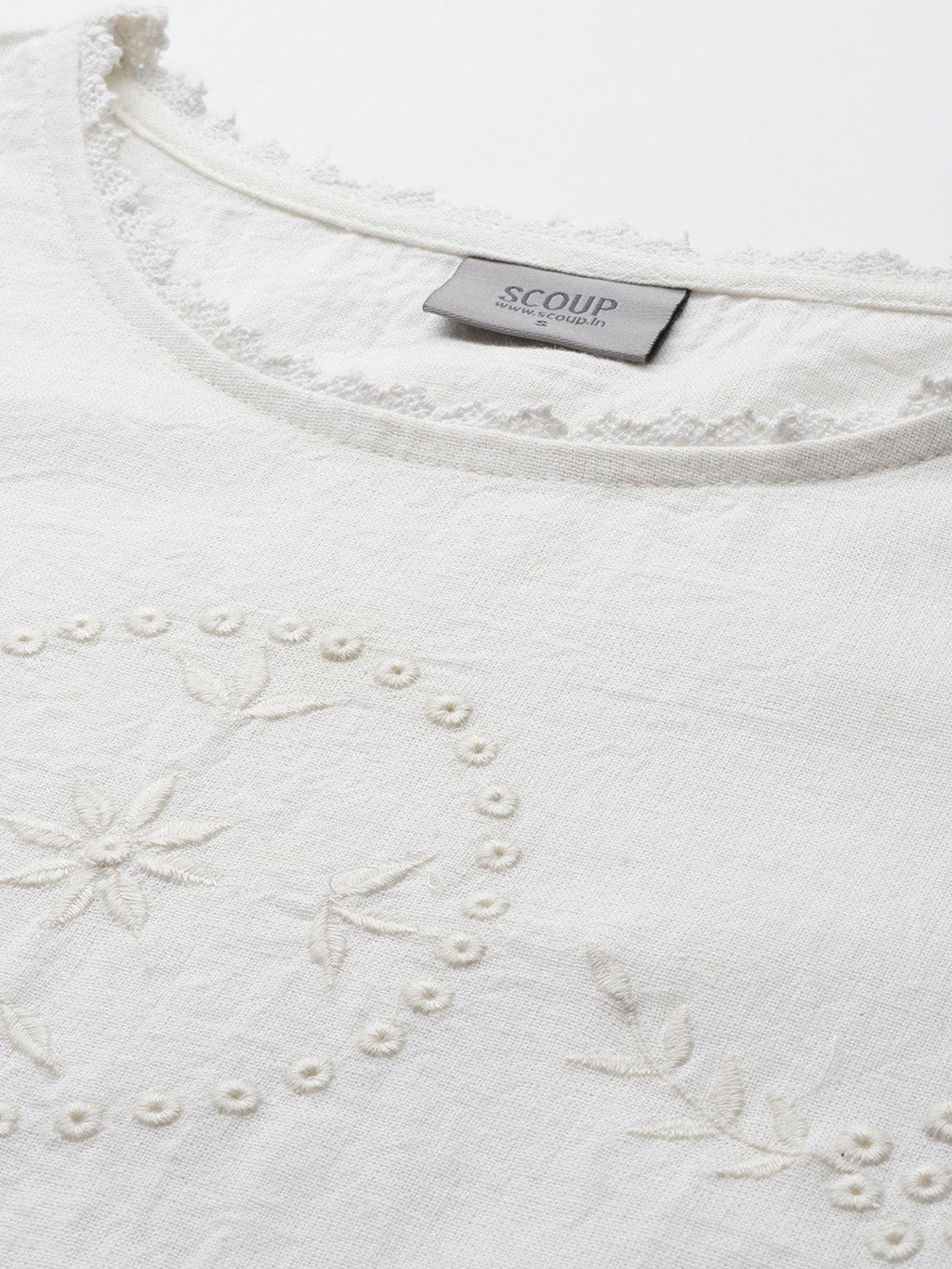 Off white Schiffli Embroidered Cotton Linen Top