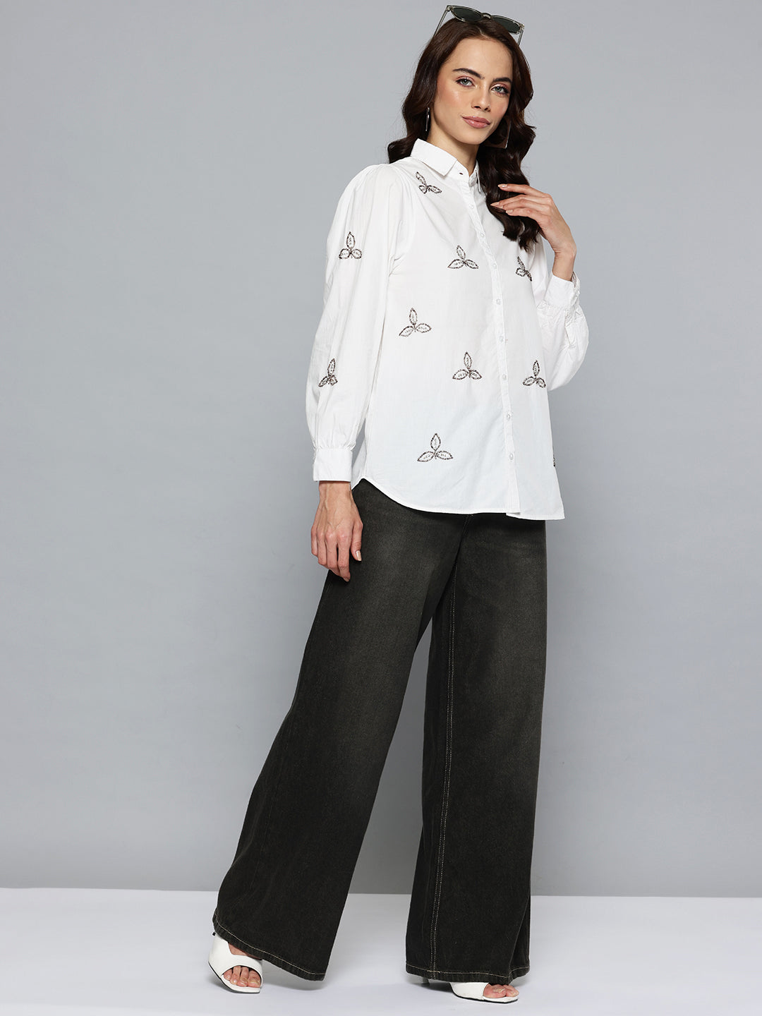White embellished poplin shirt