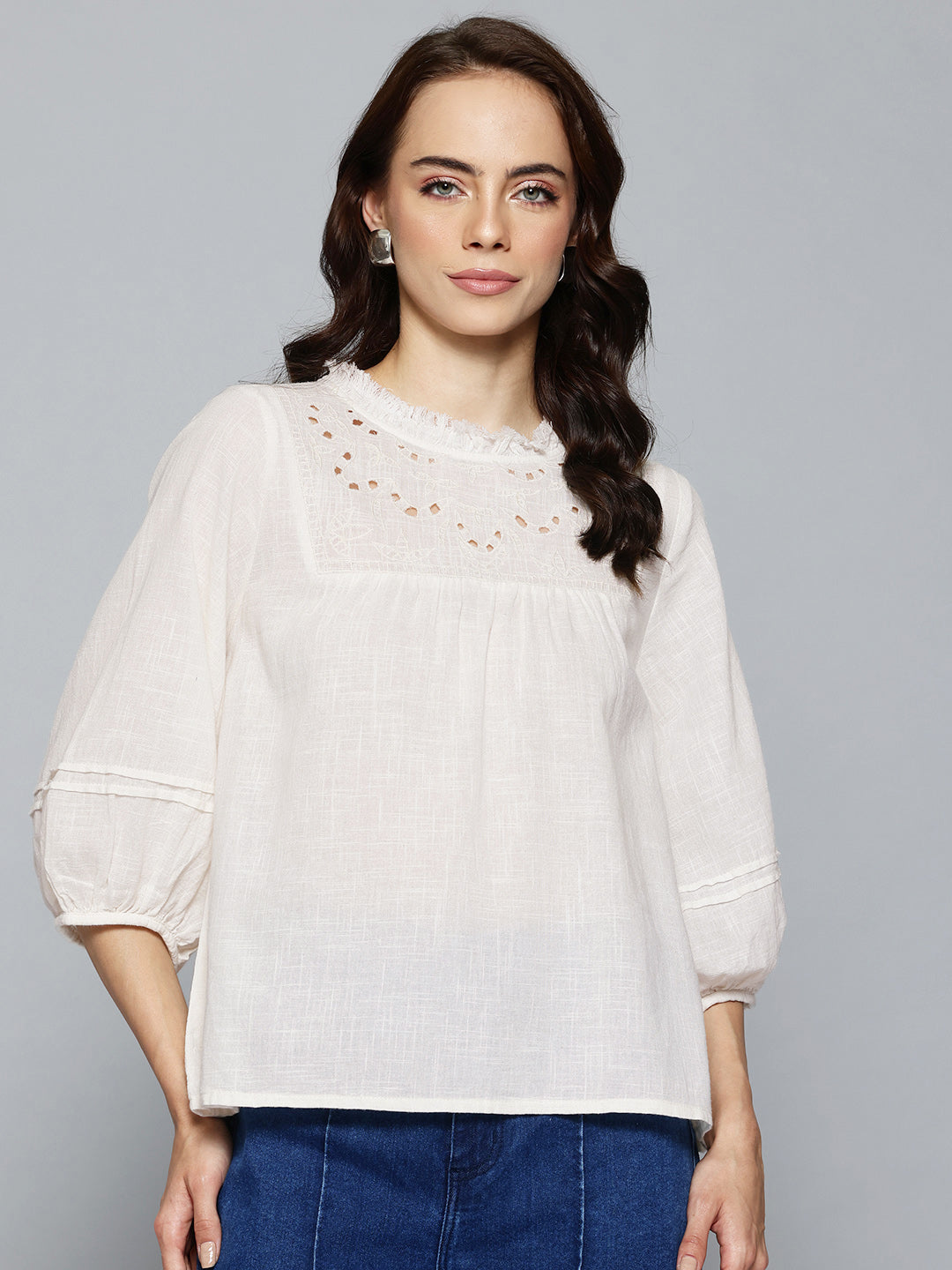 Off white Solid A-Line Pure Cotton Top