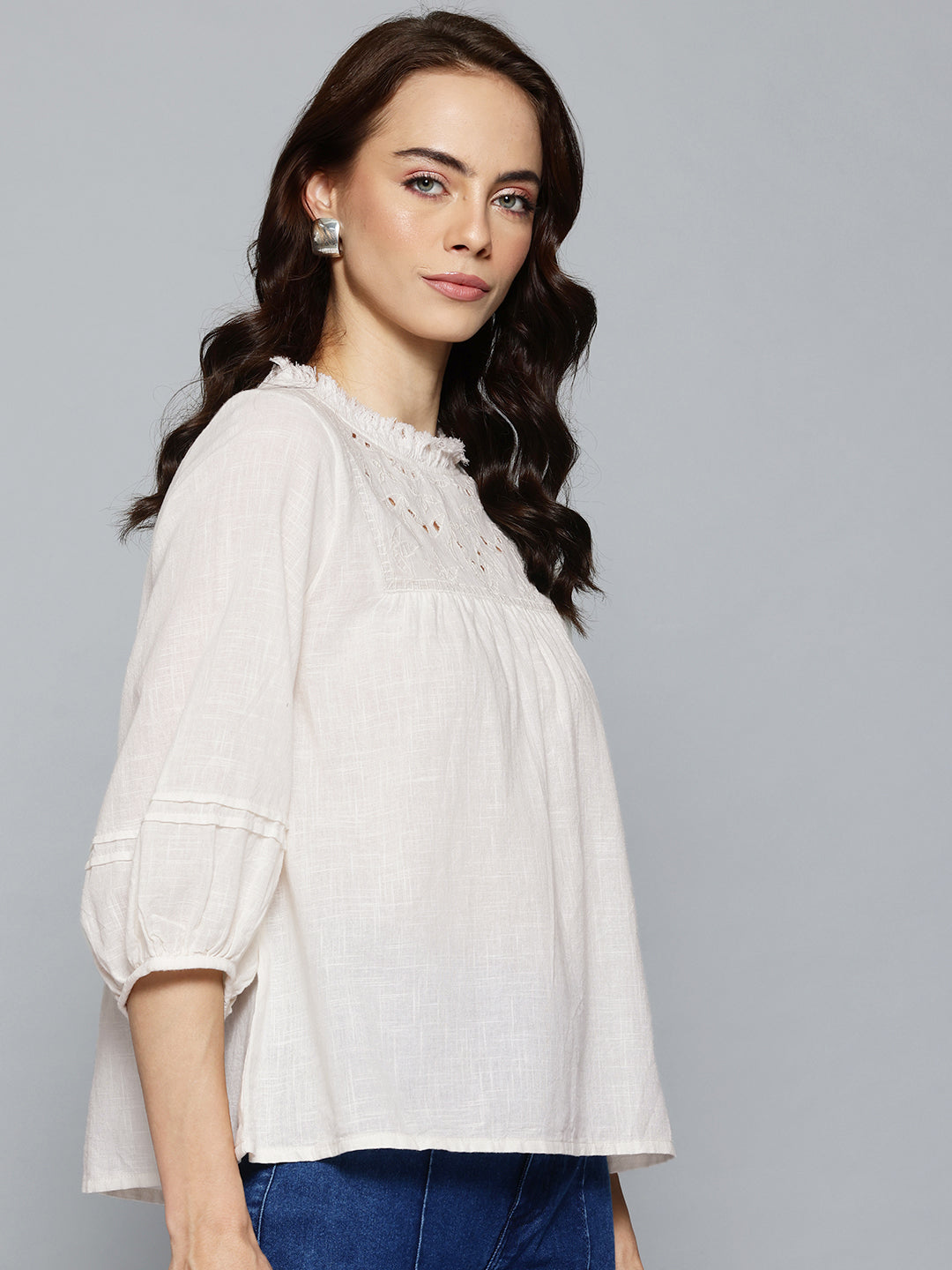 Off white Solid A-Line Pure Cotton Top