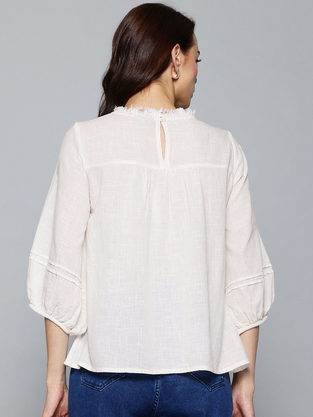 Off white Solid A-Line Pure Cotton Top
