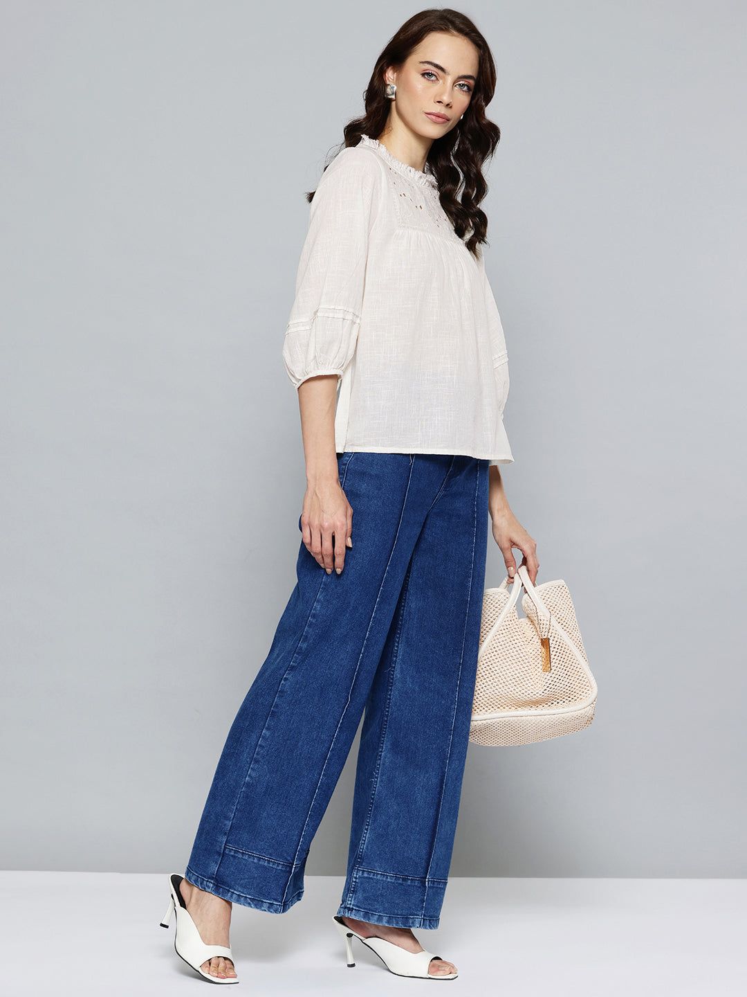 Off white Solid A-Line Pure Cotton Top