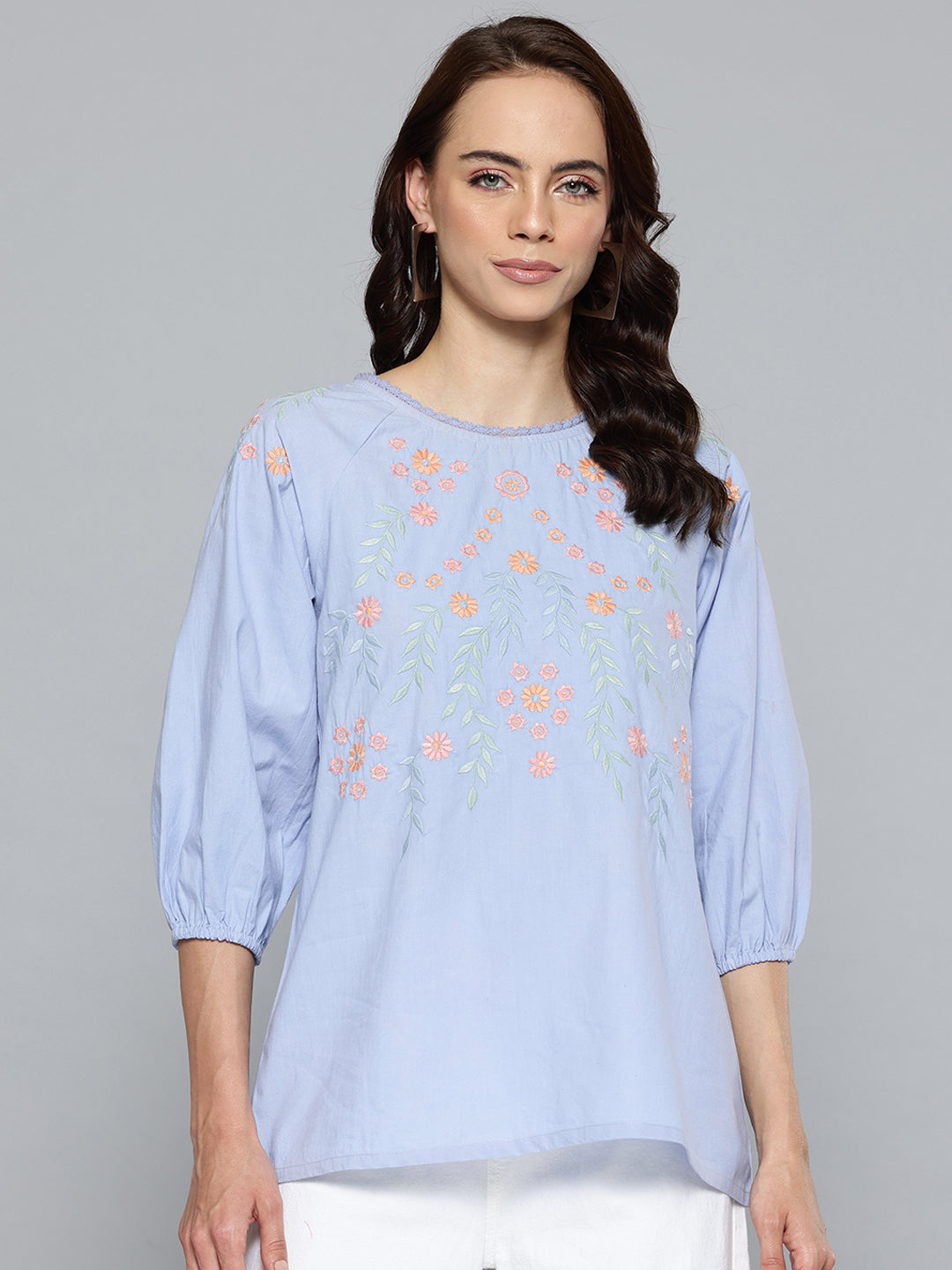 Women Blue & Orange Floral Embroidered Pure Cotton Top