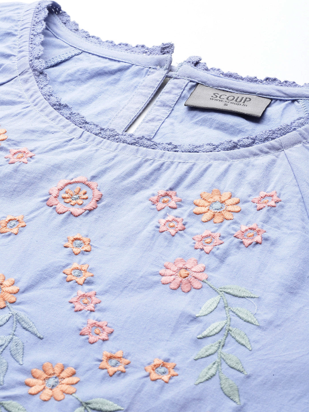Women Blue & Orange Floral Embroidered Pure Cotton Top