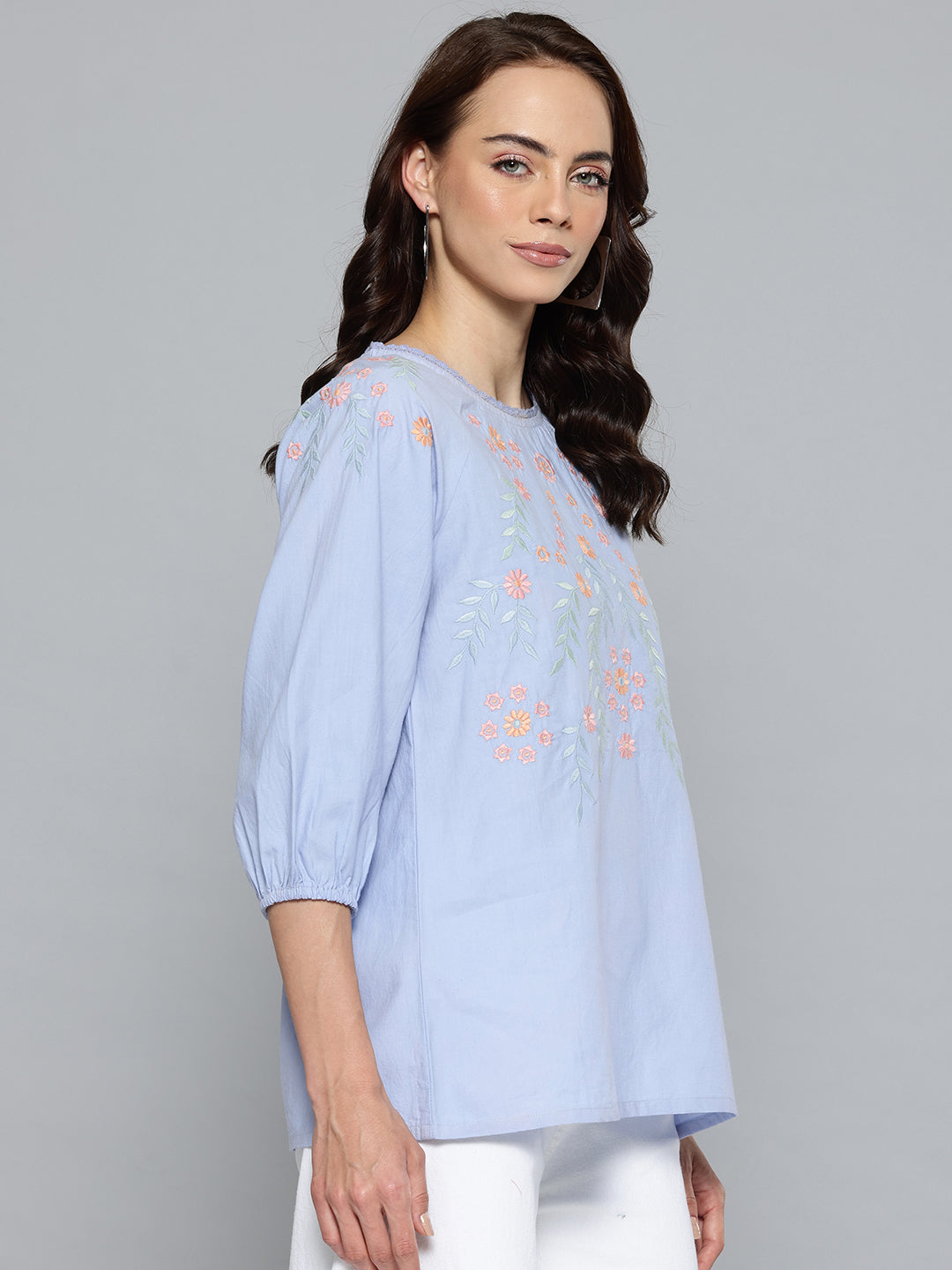 Women Blue & Orange Floral Embroidered Pure Cotton Top