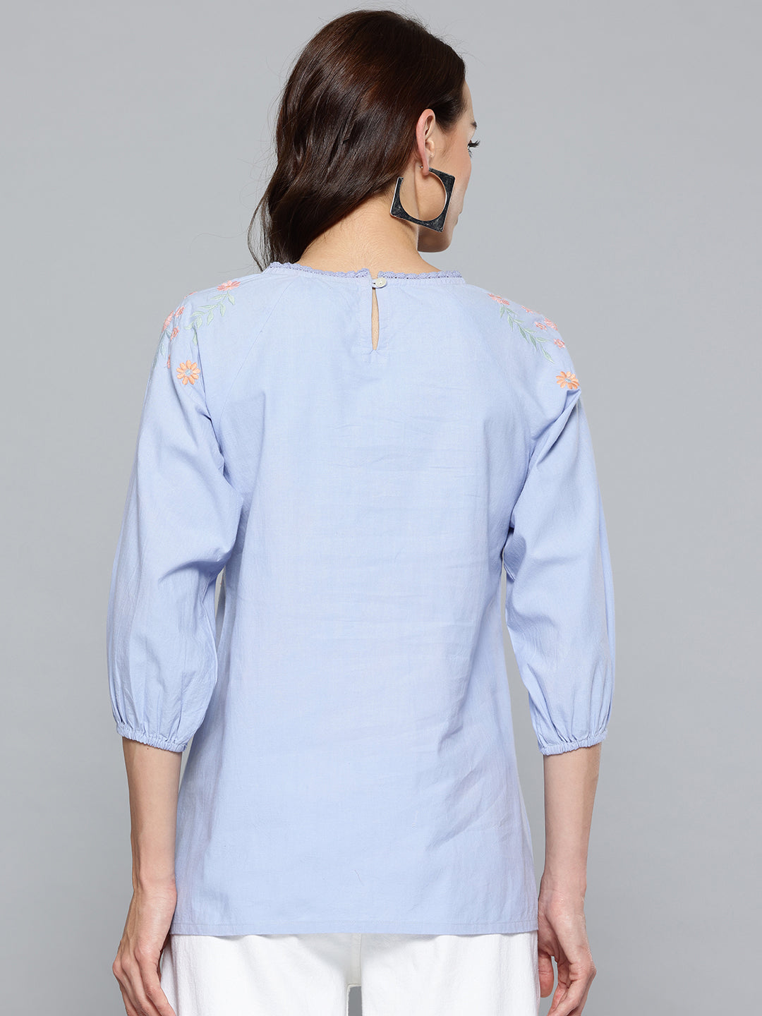 Women Blue & Orange Floral Embroidered Pure Cotton Top