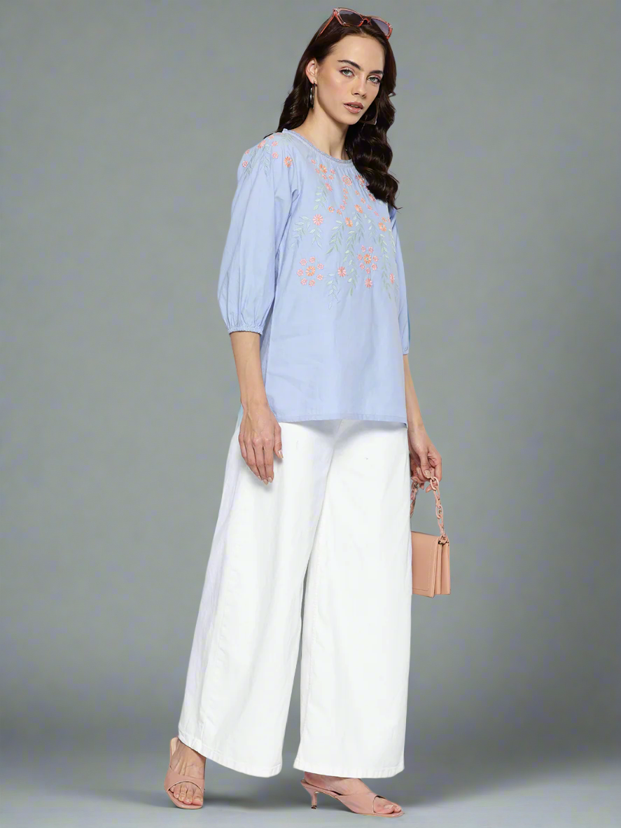 Women Blue & Orange Floral Embroidered Pure Cotton Top
