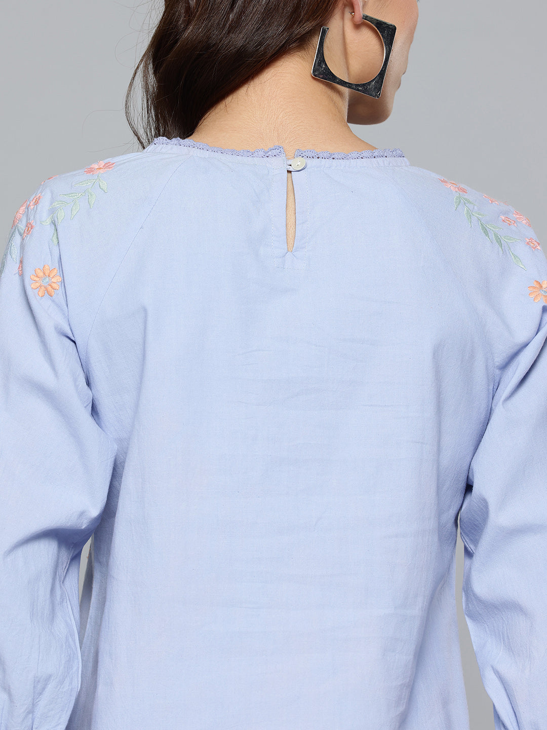 Women Blue & Orange Floral Embroidered Pure Cotton Top