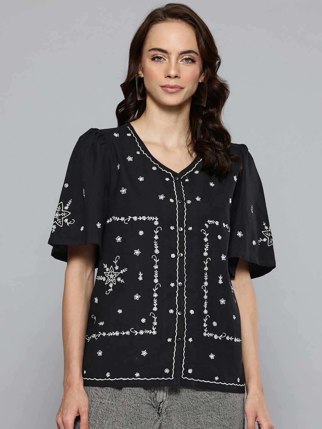 Women Black Linen Solid Boxy Top