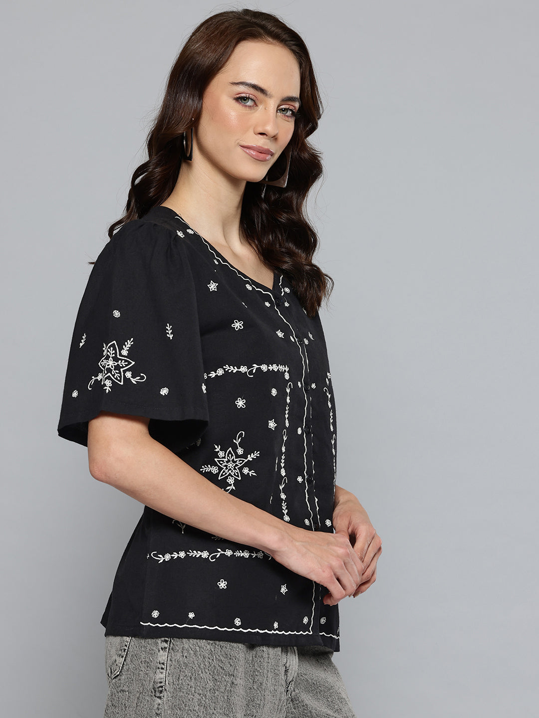 Women Black Linen Solid Boxy Top