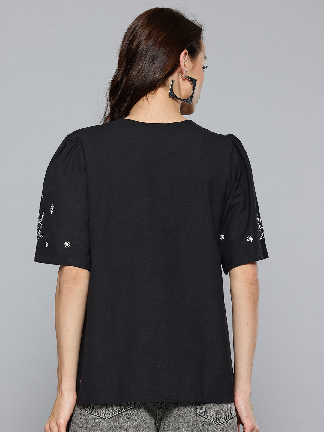 Women Black Linen Solid Boxy Top
