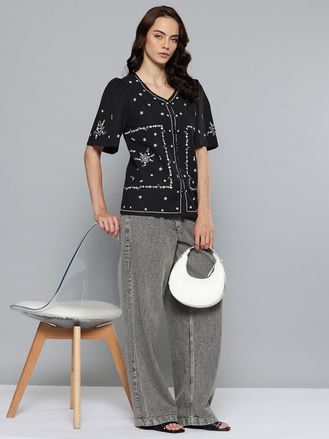 Women Black Linen Solid Boxy Top